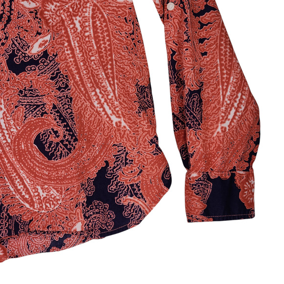 Tommy Hilfiger S Paisley Button Up Shirt Women Orange Blue Roll Tab Sleeves BOHO - Picture 14 of 14